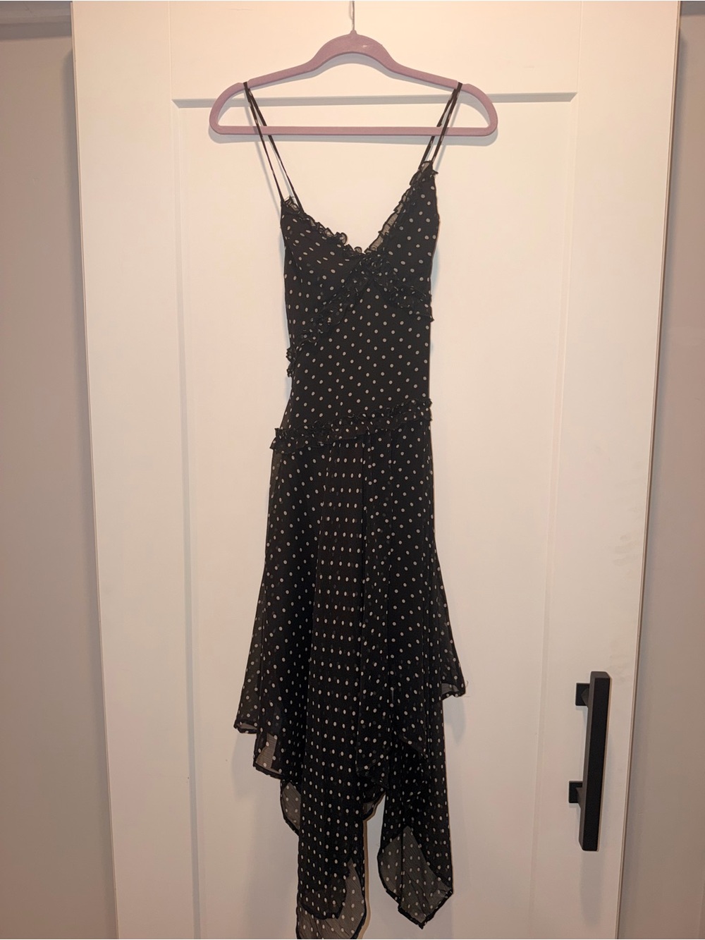 Storia Black and White Polka Dot Asymmetrical Slip Dress - Picture 4 of 4